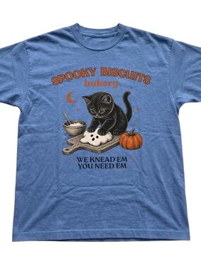 Light Blue 'Spooky Biscuits' Cat Bakery Graphic Tee